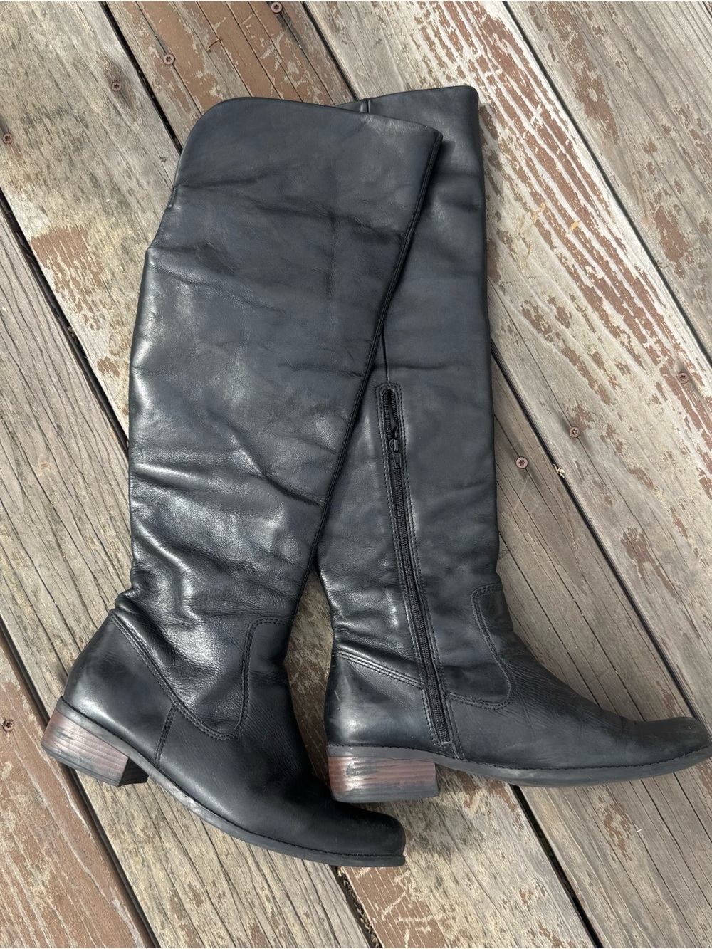 Women's Black Over-the-Knee Leather Boots - Sleek Zip Detail